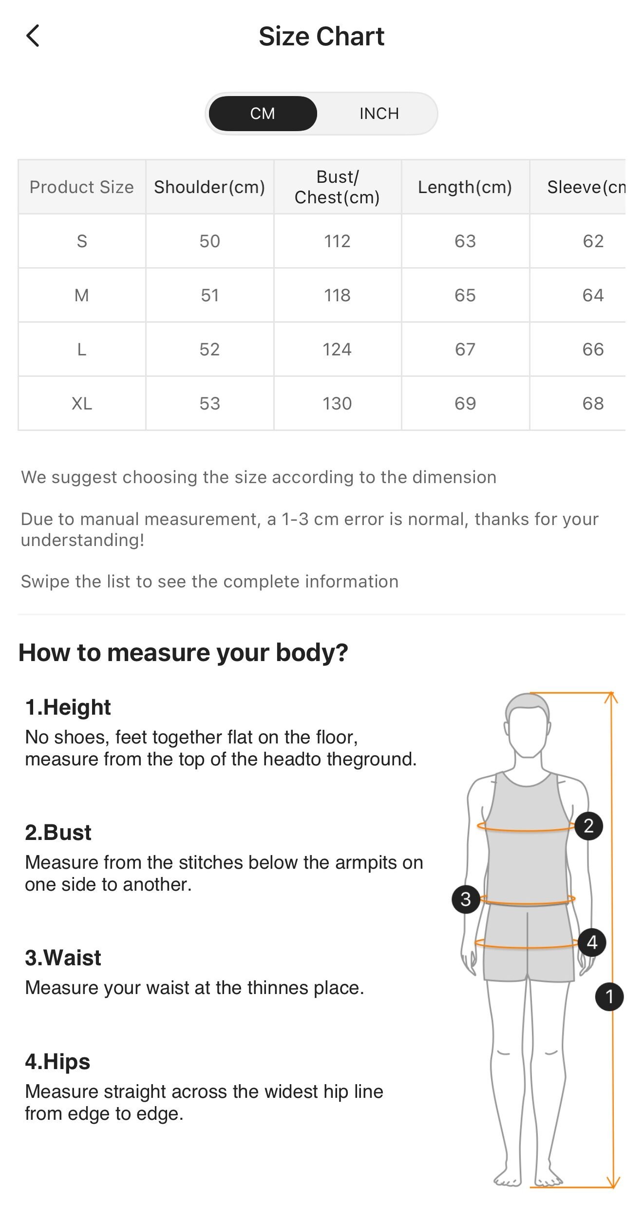 Hacoo size guide showing clothing measurements