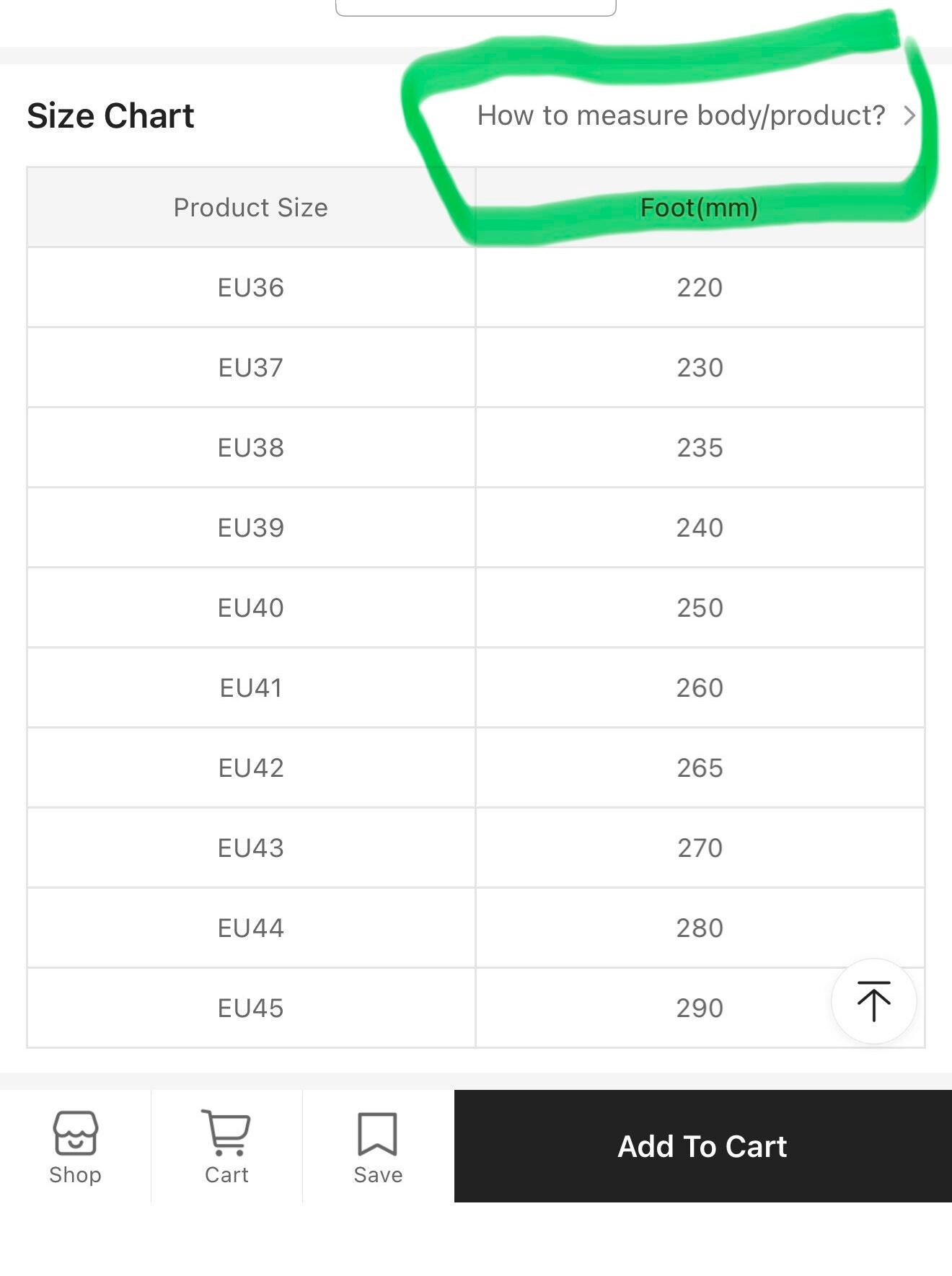 Hacoo shoe size chart with EU sizes and foot length